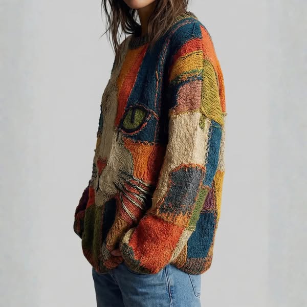 Kornelia | Artystyczna bluza z motywem kota – Boho Vintage